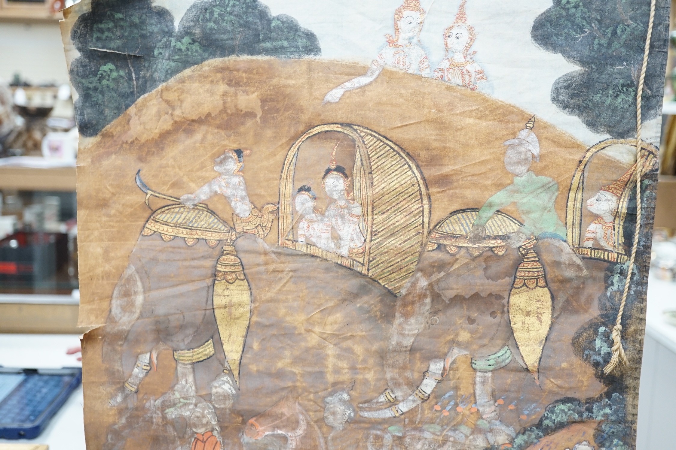 A 19th century Thai altar scroll, figures in landscape, 57x43cm